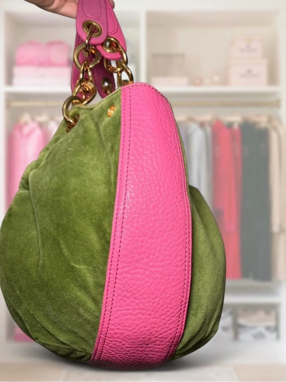 Juicy Couture Olive Green Suede Shoulder Bag with Pink Trim